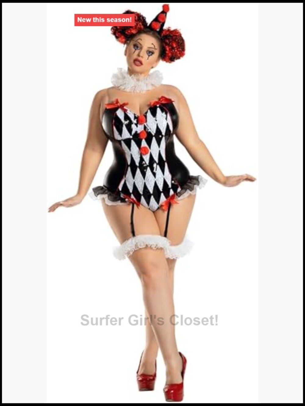 Plus Size Dark Harlequin Costume Lamé Sequin Teddy with Hat & Neckpiece